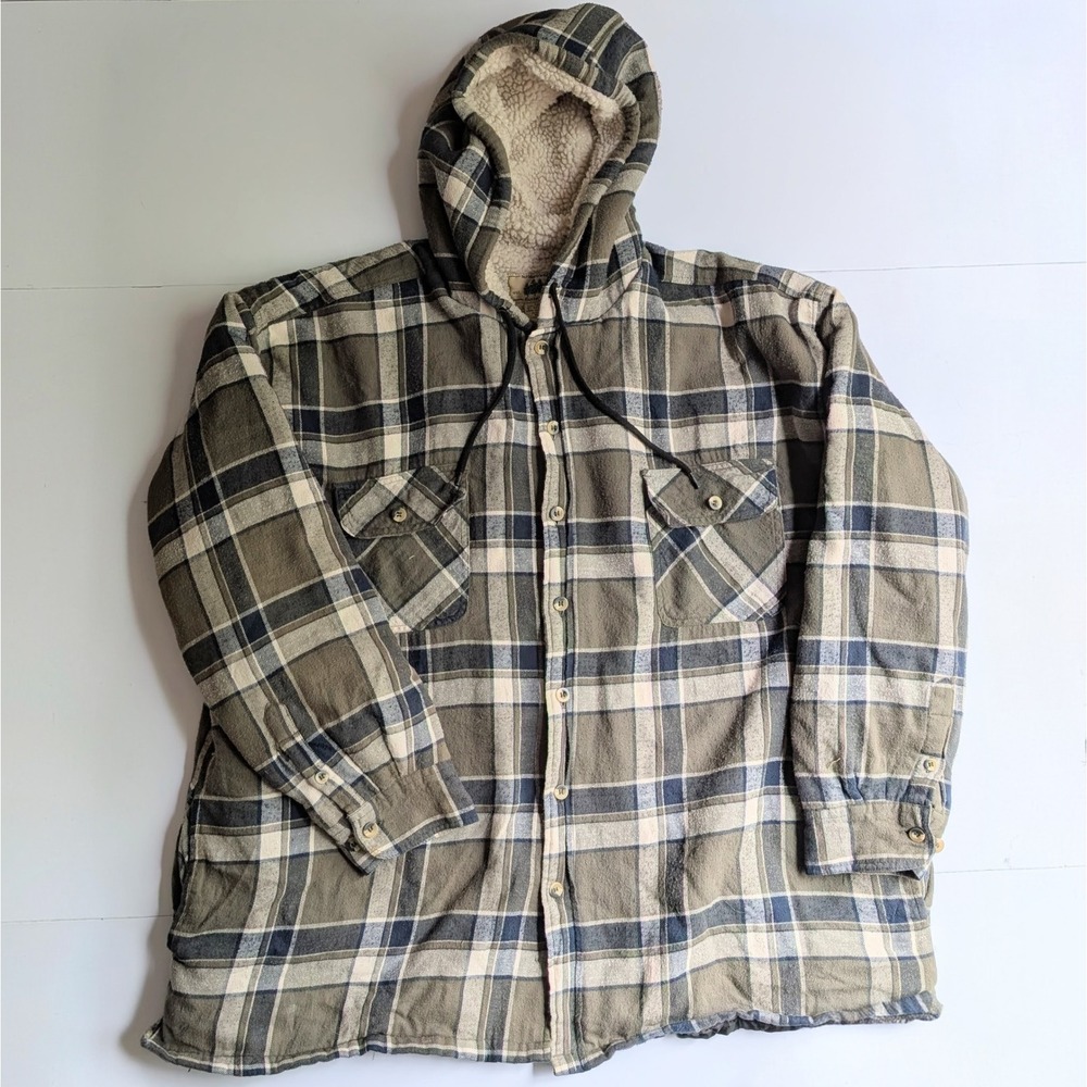 Hunter's Peak Rugged Wear Hooded Flannel Shirt Jacket Sherpa Lined Plaid Men XXL